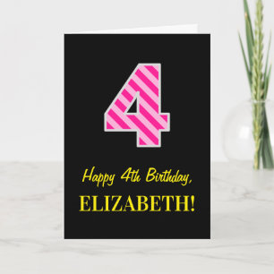 Fun Pink Striped "4"; Happy 4th Birthday; Name Card