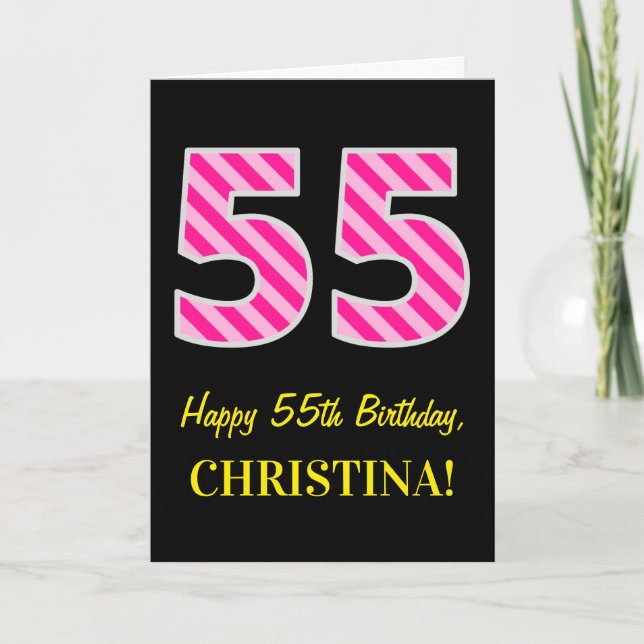 Fun Pink Striped "55"; Happy 55th Birthday; Name Card (Front)