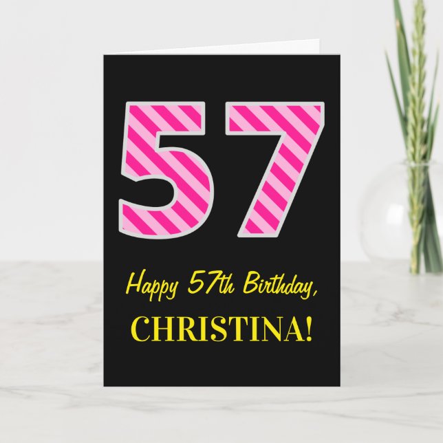 Fun Pink Striped "57"; Happy 57th Birthday; Name Card (Front)