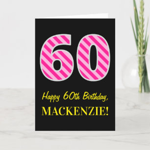 Fun Pink Striped "60"; Happy 60th Birthday; Name Card