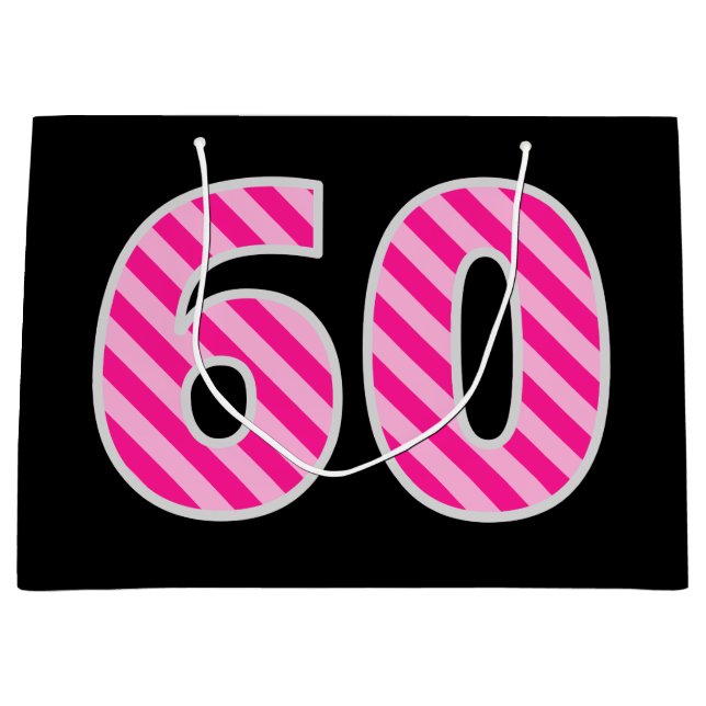 Fun Pink Striped "60"; Happy 60th Birthday; Name Large Gift Bag (Front)
