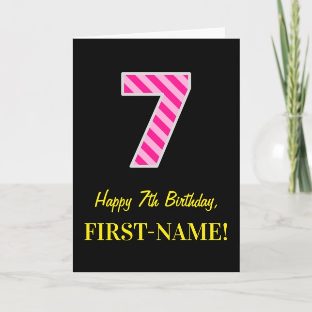 Fun Pink Striped "7"; Happy 7th Birthday; Name Card (Front)