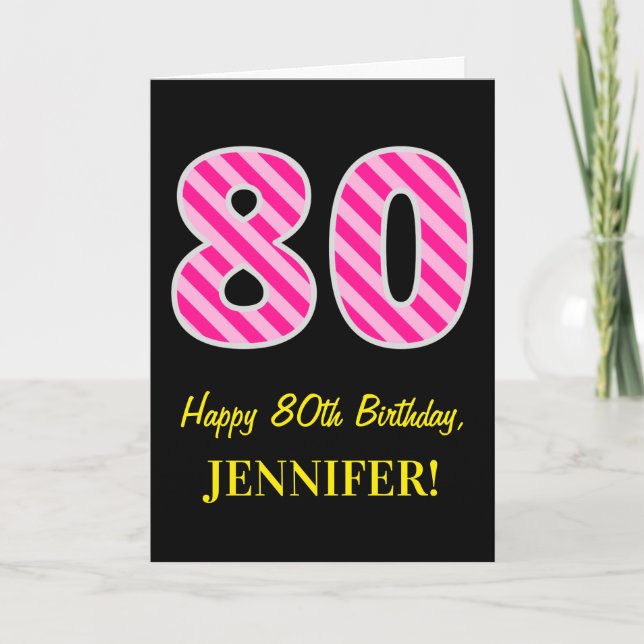 Fun Pink Striped "80"; Happy 80th Birthday; Name Card (Front)