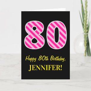 Fun Pink Striped "80"; Happy 80th Birthday; Name Card