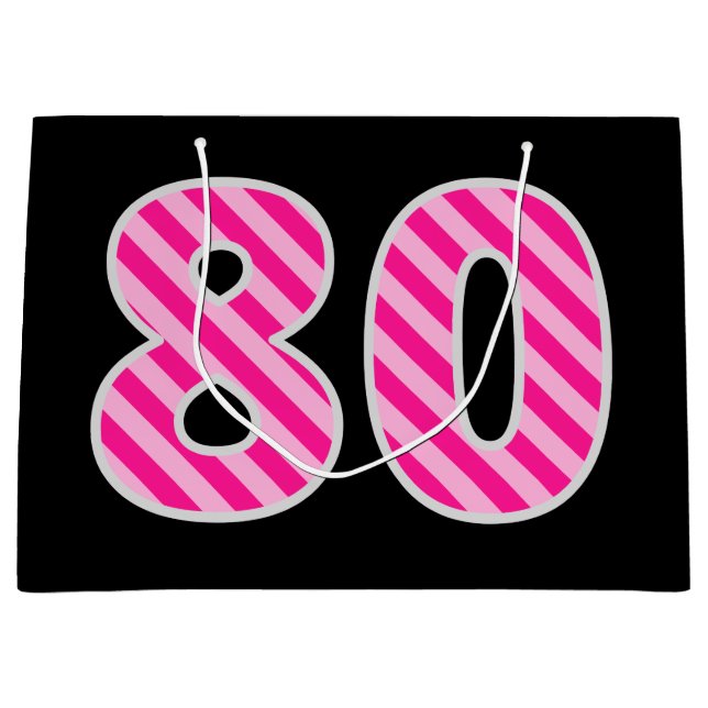 Fun Pink Striped "80"; Happy 80th Birthday; Name Large Gift Bag (Front)