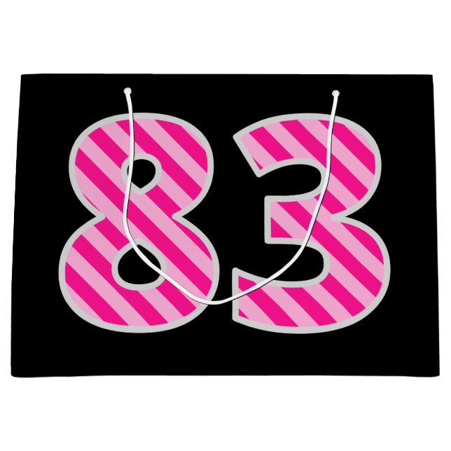 Fun Pink Striped "83"; Happy 83rd Birthday; Name Large Gift Bag (Front)