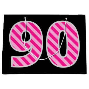 Fun Pink Striped "90"; Happy 90th Birthday; Name Large Gift Bag