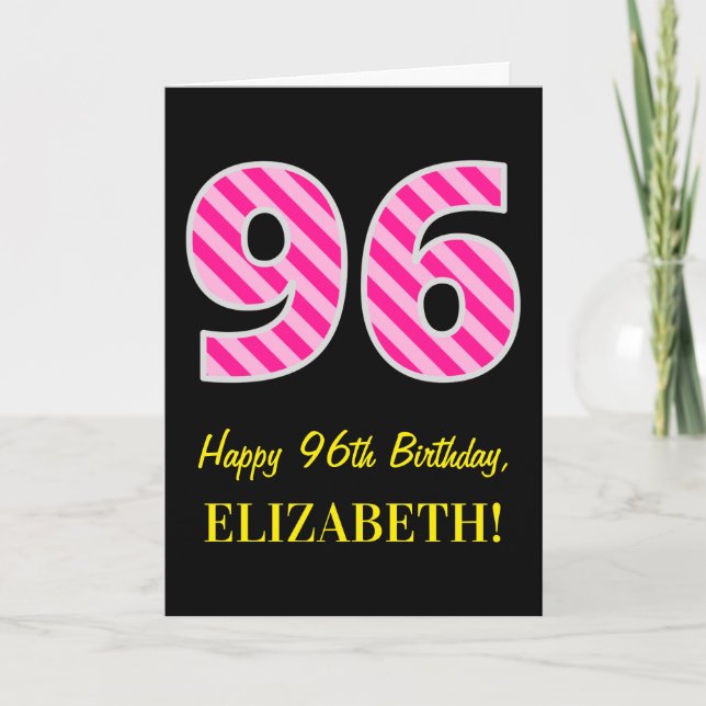 Fun Pink Striped "96"; Happy 96th Birthday; Name Card (Front)