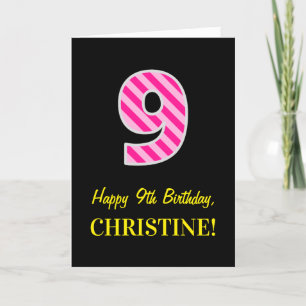 Fun Pink Striped "9"; Happy 9th Birthday; Name Card