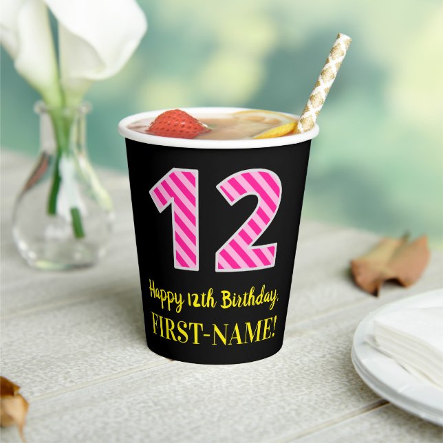 Fun Pink Stripes “12”: Happy 12th Birthday + Name Paper Cups (Insitu)