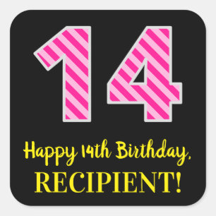 Fun Pink Stripes “14”: Happy 14th Birthday + N Square Sticker