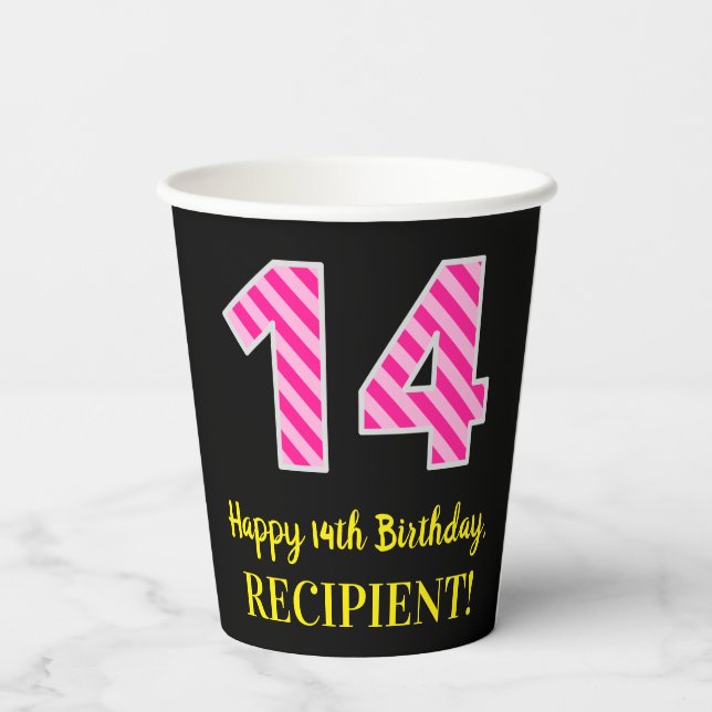 Fun Pink Stripes “14”: Happy 14th Birthday + Name Paper Cups (Back)