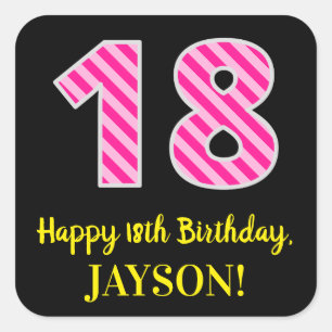 Fun Pink Stripes “18”: Happy 18th Birthday + N Square Sticker