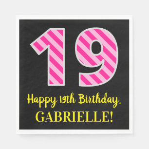Fun Pink Stripes "19"; Happy 19th Birthday; Name Napkin
