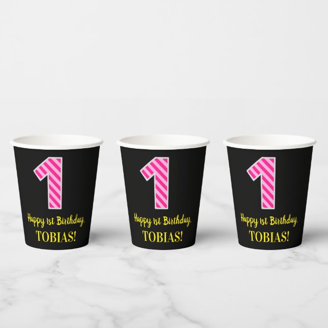 Fun Pink Stripes “1”: Happy 1st Birthday + Name Paper Cups (Multi)
