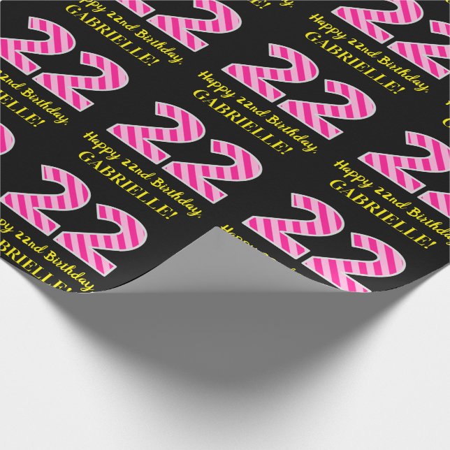 Fun Pink Stripes "22"; Happy 22nd Birthday; Name Wrapping Paper (Corner)
