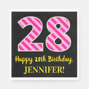 Fun Pink Stripes "28"; Happy 28th Birthday; Name Napkin