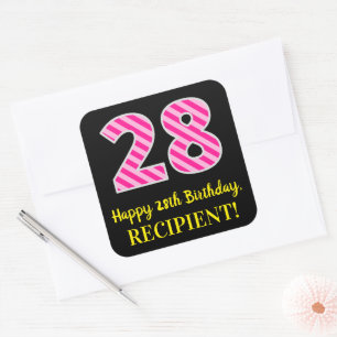 Fun Pink Stripes “28”: Happy 28th Birthday + Name Square Sticker
