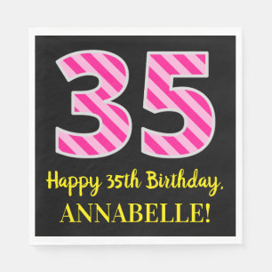 Fun Pink Stripes "35"; Happy 35th Birthday; Name Napkin