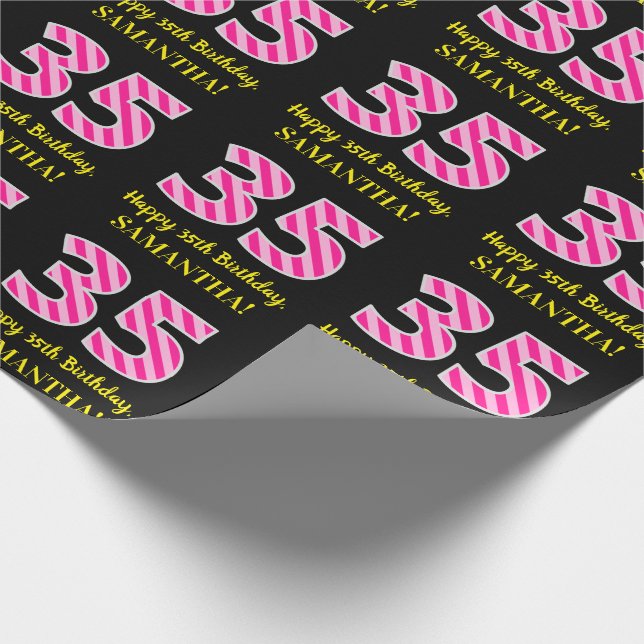 Fun Pink Stripes "35"; Happy 35th Birthday; Name Wrapping Paper (Corner)
