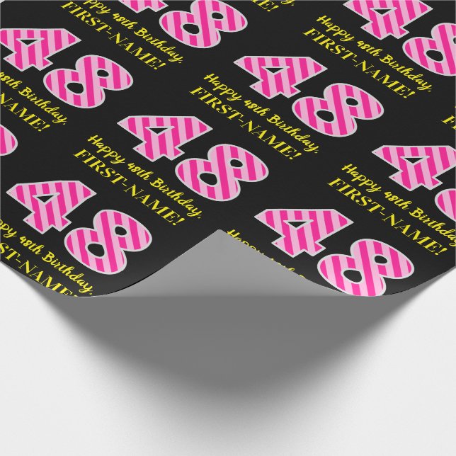 Fun Pink Stripes "48"; Happy 48th Birthday; Name Wrapping Paper (Corner)