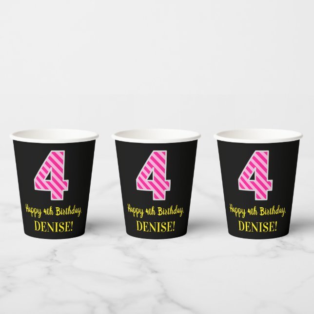 Fun Pink Stripes “4”: Happy 4th Birthday + Name Paper Cups (Multi)