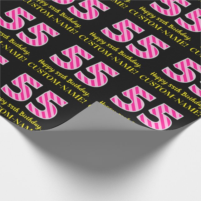 Fun Pink Stripes "55"; Happy 55th Birthday; Name Wrapping Paper (Corner)