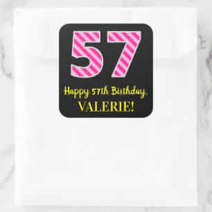 Fun Pink Stripes “57”: Happy 57th Birthday + N Square Sticker