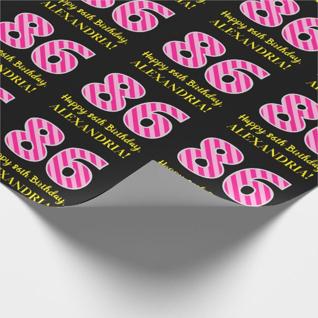 Fun Pink Stripes "86"; Happy 86th Birthday; Name Wrapping Paper (Corner)