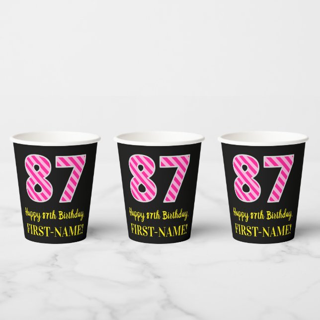 Fun Pink Stripes “87”: Happy 87th Birthday + Name Paper Cups (Multi)