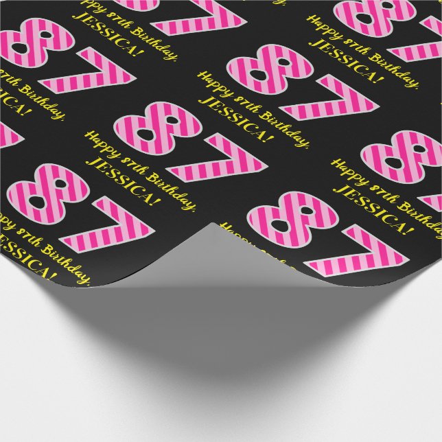 Fun Pink Stripes "87"; Happy 87th Birthday; Name Wrapping Paper (Corner)