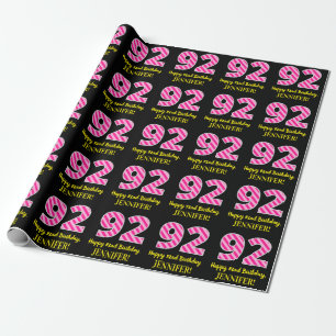 Fun Pink Stripes "92"; Happy 92nd Birthday; Name Wrapping Paper