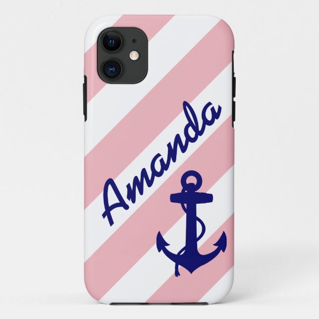 FUN PINK STRIPES BLUE ANCHOR YOUR NAME Case-Mate iPhone CASE (Back)