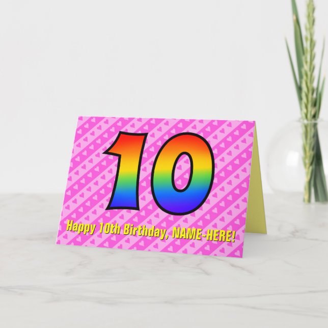 Fun Pink Stripes, Hearts, Rainbow # 10th Birthday Card (Front)