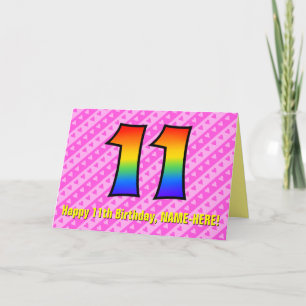 Fun Pink Stripes, Hearts, Rainbow # 11th Birthday Card