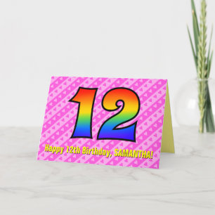 Fun Pink Stripes, Hearts, Rainbow # 12th Birthday Card