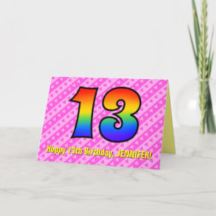 Fun Pink Stripes, Hearts, Rainbow # 13th Birthday Card