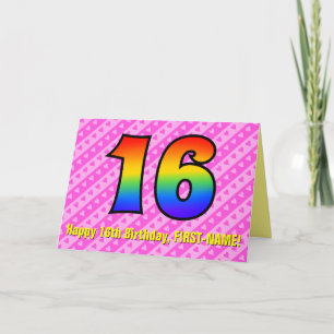 Fun Pink Stripes, Hearts, Rainbow # 16th Birthday Card