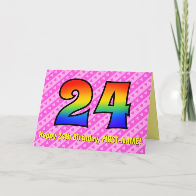Fun Pink Stripes, Hearts, Rainbow # 24th Birthday Card (Front)
