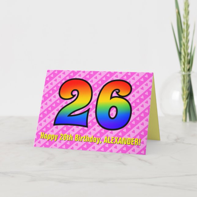 Fun Pink Stripes, Hearts, Rainbow # 26th Birthday Card (Front)