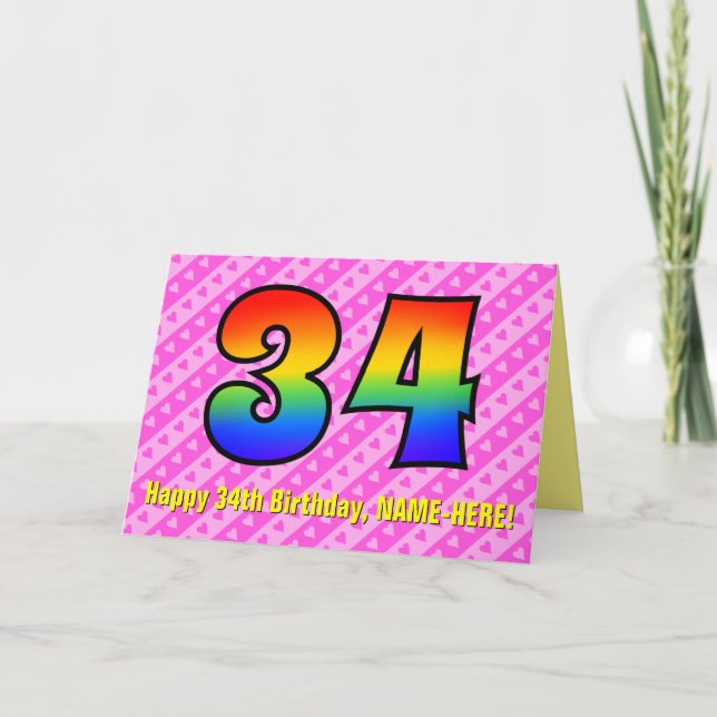 Fun Pink Stripes, Hearts, Rainbow # 34th Birthday Card (Front)