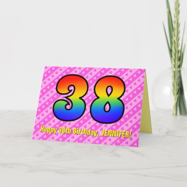 Fun Pink Stripes, Hearts, Rainbow # 38th Birthday Card (Front)