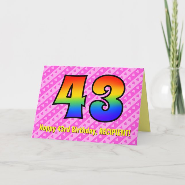 Fun Pink Stripes, Hearts, Rainbow # 43rd Birthday Card (Front)