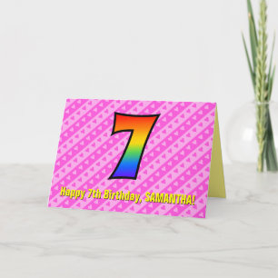 Fun Pink Stripes, Hearts, Rainbow # 7th Birthday Card