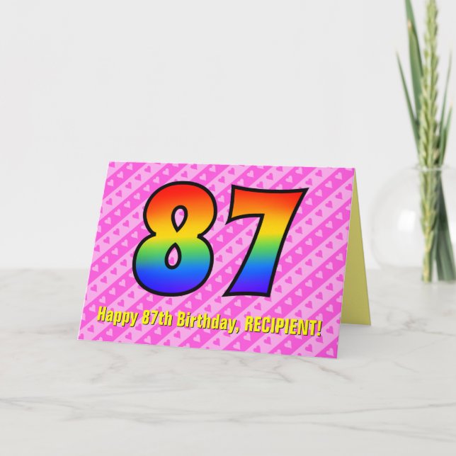 Fun Pink Stripes, Hearts, Rainbow # 87th Birthday Card (Front)