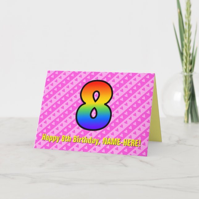 Fun Pink Stripes, Hearts, Rainbow # 8th Birthday Card (Front)