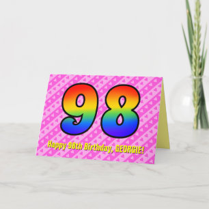 Fun Pink Stripes, Hearts, Rainbow # 98th Birthday Card
