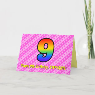 Fun Pink Stripes, Hearts, Rainbow # 9th Birthday Card