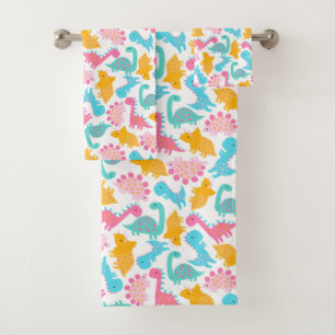 Fun Pink & Teal Dinosaur Pattern Bath Towel Set