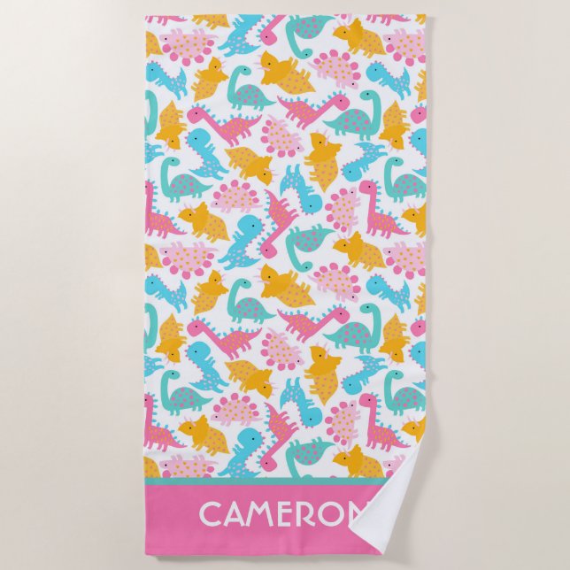 Fun Pink & Teal Dinosaur Pattern Beach Towel (Front)